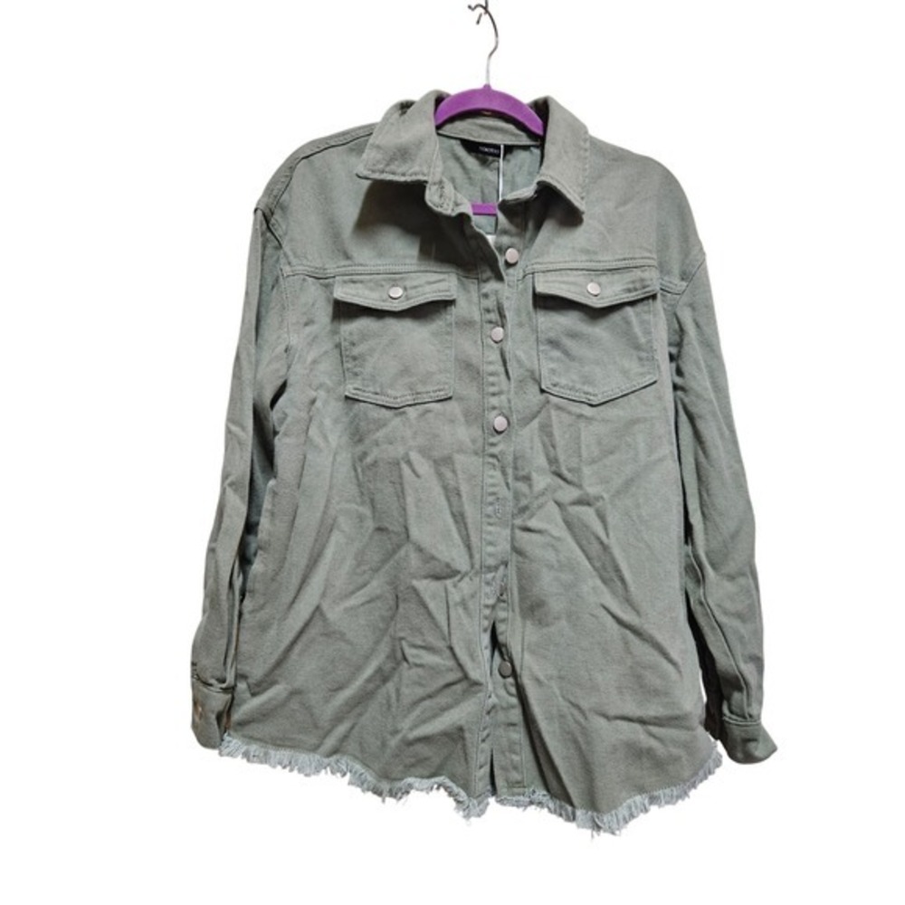 Dokotoo Frayed Hem Button Down Long Sleeve Shirt Jacket Shacket Olive‎ Green